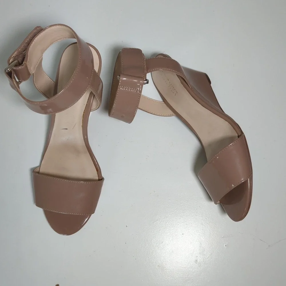Nine West Riley Nude Patent ‎ Wedge Heels Dress Sandals Ankle Strap Neutral 8.5M